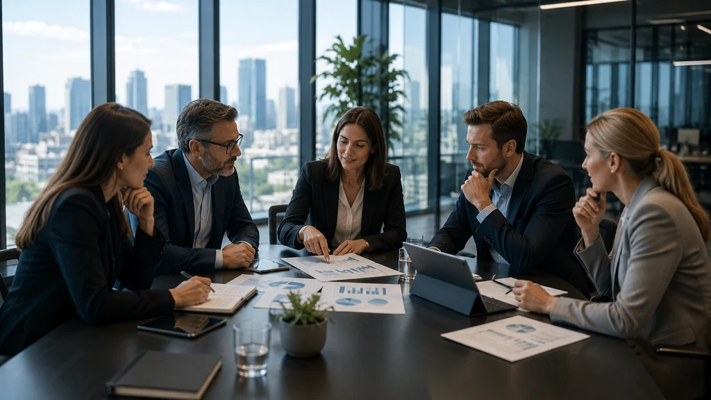 Réunion d’affaires dans un bureau moderne avec grande baie vitrée et vue sur des immeubles