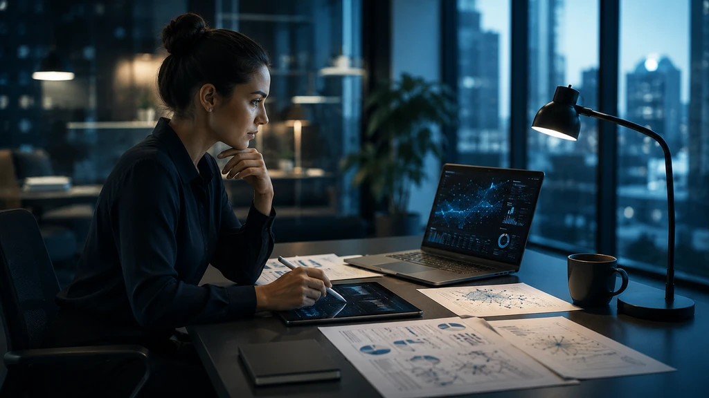 Analyse de données numériques dans un bureau moderne avec ordinateur et documents, illustrant les décryptages numériques.