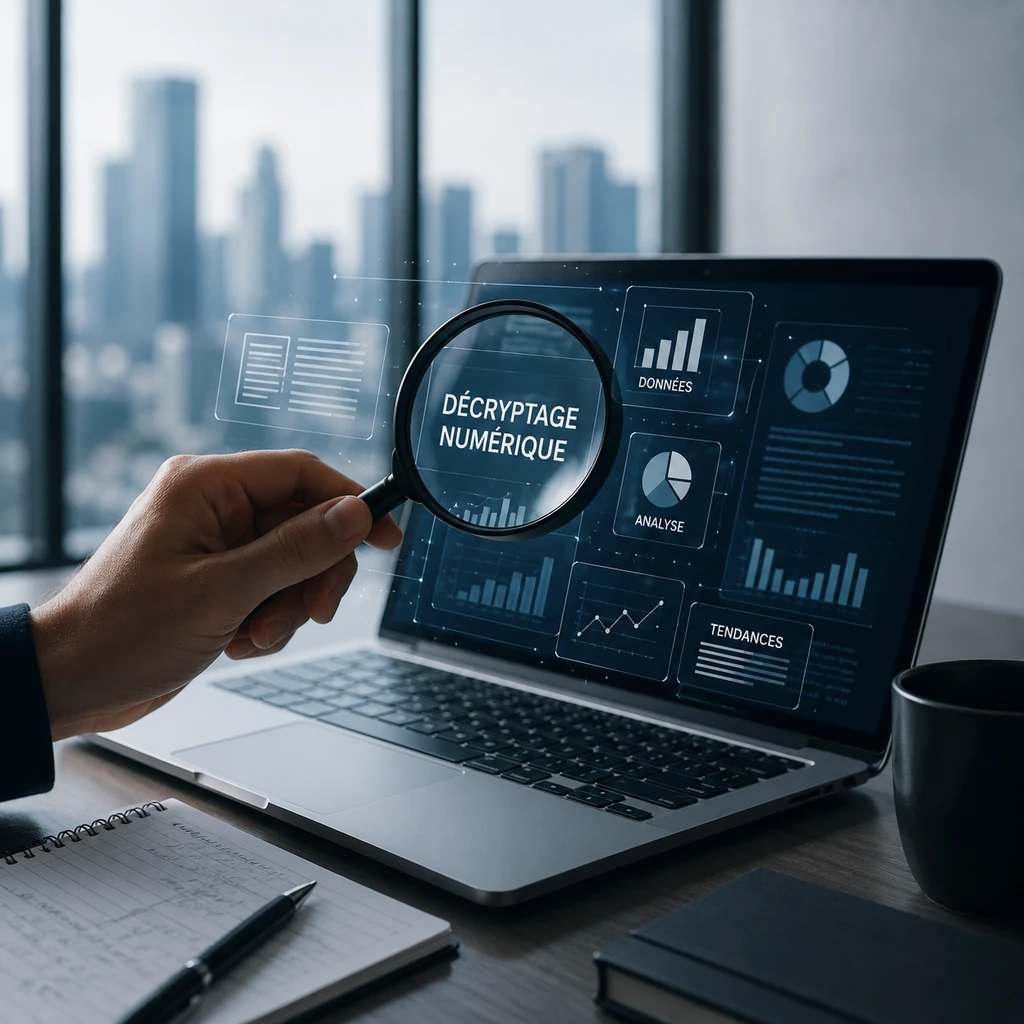 Ordinateur portable avec interface d’analyse numérique et loupe, illustrant l’innovation et les décryptages technologiques.