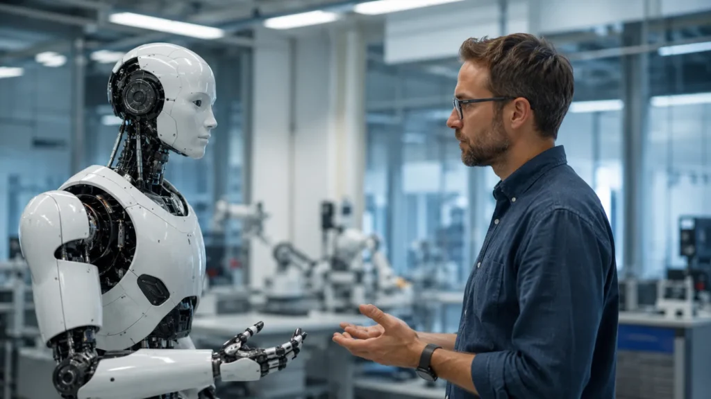 Robot humanoïde interagissant avec un humain dans un laboratoire de robotique moderne pour illustrer les lois de la robotique.