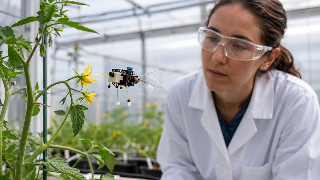 Abeille robot expérimentale pollinisant une fleur sous observation scientifique dans une serre