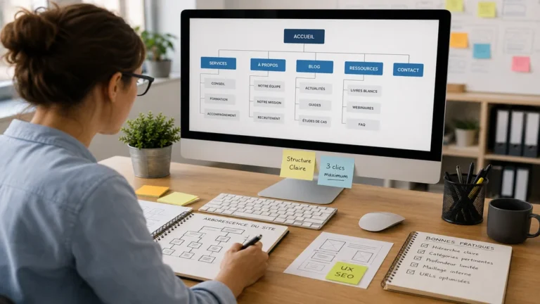 Professionnelle travaillant sur l’arborescence d’un site web avec une structure de pages affichée sur ordinateur dans un bureau moderne.