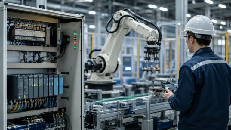 Technicien surveillant un automate programmable et un bras robot industriel dans une usine automatisée