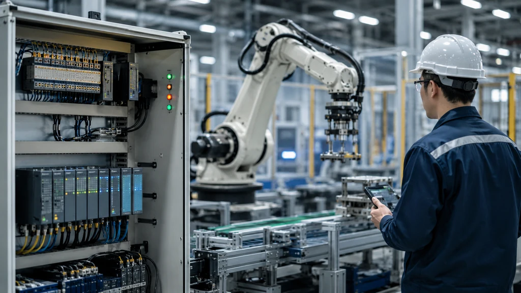 Technicien surveillant un automate programmable et un bras robot industriel dans une usine automatisée