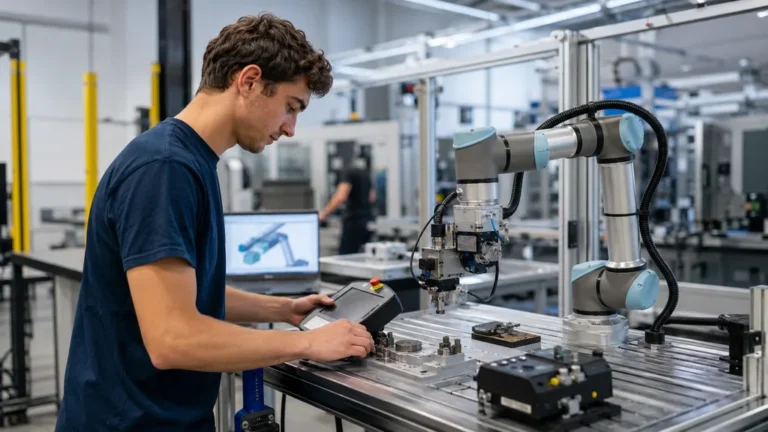 Étudiant en bachelor robotique industrielle programmant un bras robotisé en atelier technique