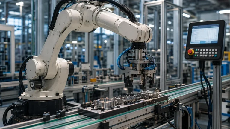 Bras robotique industriel manipulant des pièces sur une ligne de production automatisée en usine moderne.