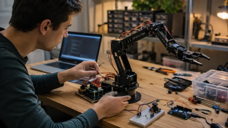Maker assemblant un bras robotique Arduino avec servomoteurs, câblage et carte électronique dans un atelier de robotique.