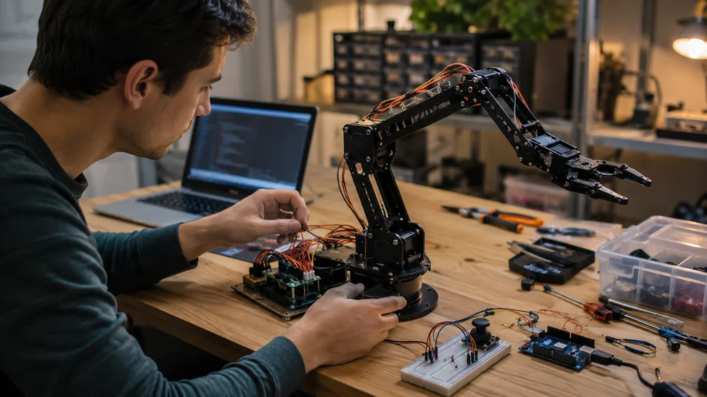Maker assemblant un bras robotique Arduino avec servomoteurs, câblage et carte électronique dans un atelier de robotique.