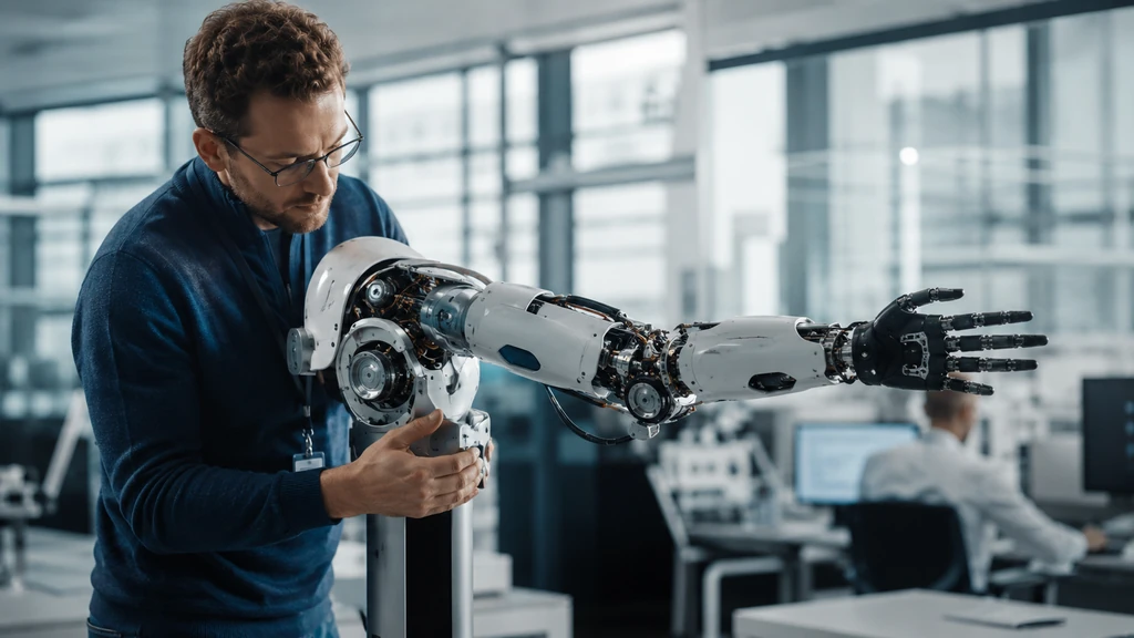 Ingénieur travaillant sur un bras robotique humain articulé dans un laboratoire de robotique moderne