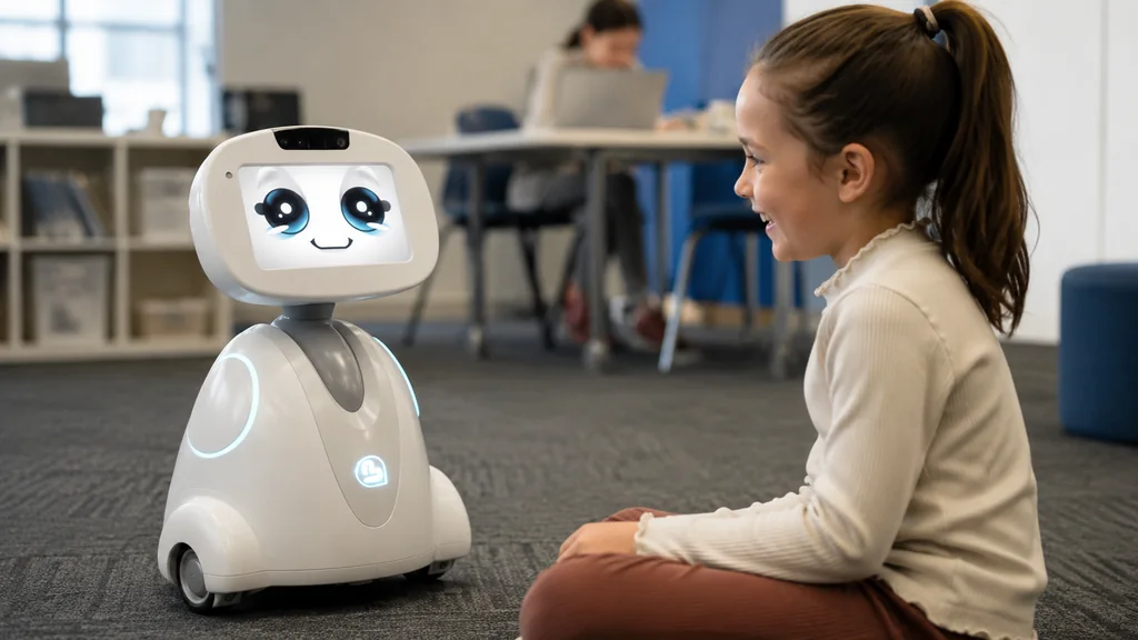 Robot Buddy interagissant avec une enfant dans un espace éducatif moderne