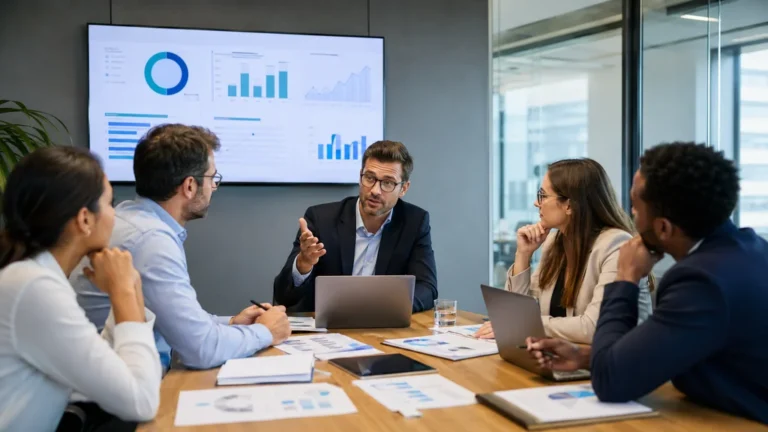 Équipe de direction réunie en salle de réunion pour piloter les objectifs et indicateurs de performance d’une business unit.