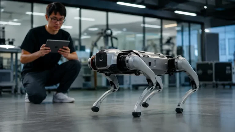 Chien robot quadrupède testé dans un atelier de robotique moderne sous la supervision d’un technicien avec tablette.