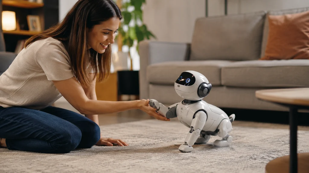 Chien robot intelligent interactif dans un salon moderne avec une personne qui joue avec lui