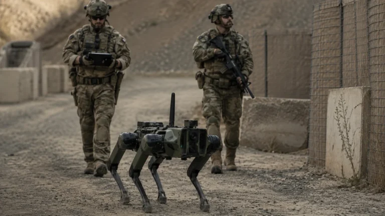 Chien robot militaire en patrouille sur un terrain d’entraînement avec deux soldats