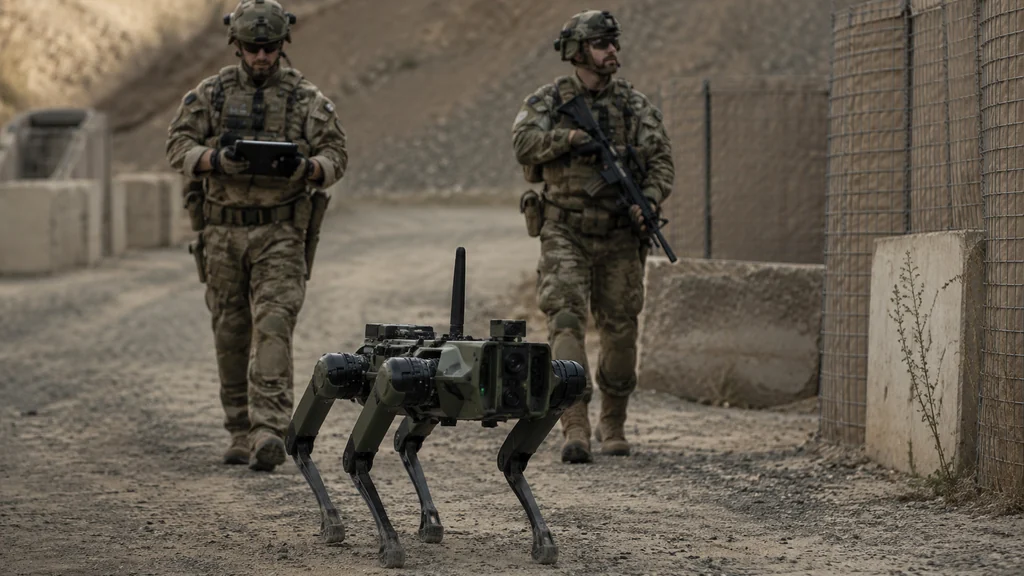 Chien robot militaire en patrouille sur un terrain d’entraînement avec deux soldats