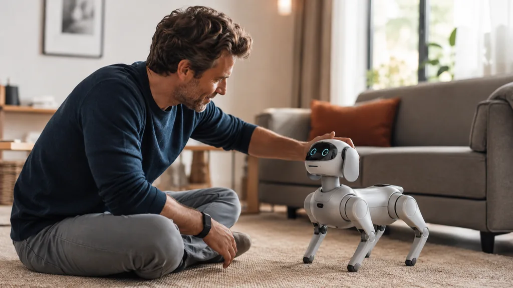 Chien robot pour adulte dans un salon moderne avec une personne qui interagit avec lui