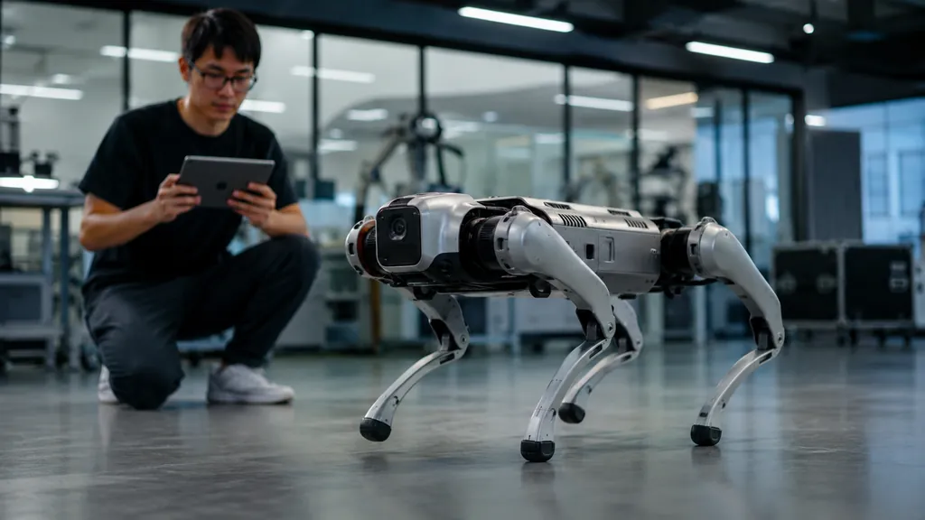 Chien robot quadrupède testé dans un atelier de robotique moderne sous la supervision d’un technicien avec tablette.