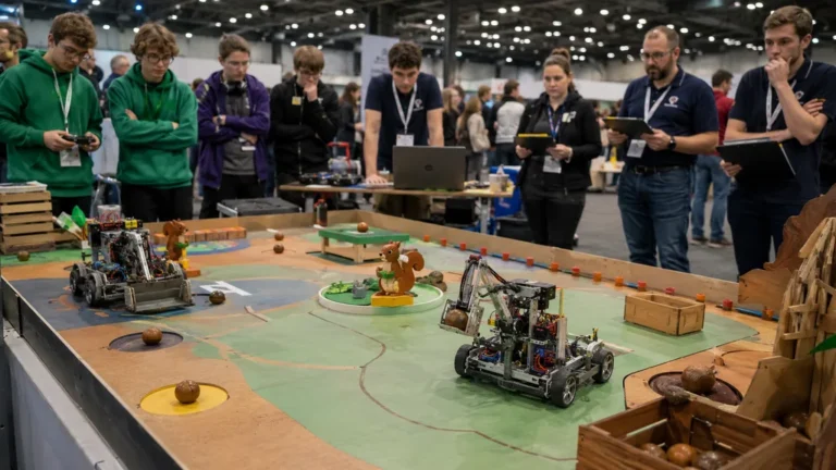 Robots autonomes en compétition sur une aire de jeu lors de la Coupe de France de Robotique