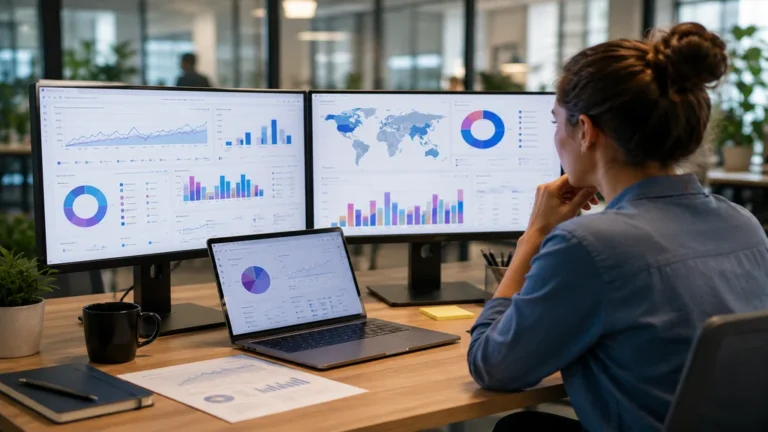 Responsable marketing analysant des données clients et des KPI sur plusieurs écrans dans un bureau moderne.
