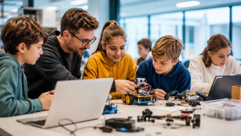 Atelier de robotique éducative à Bordeaux avec des enfants qui programment un robot