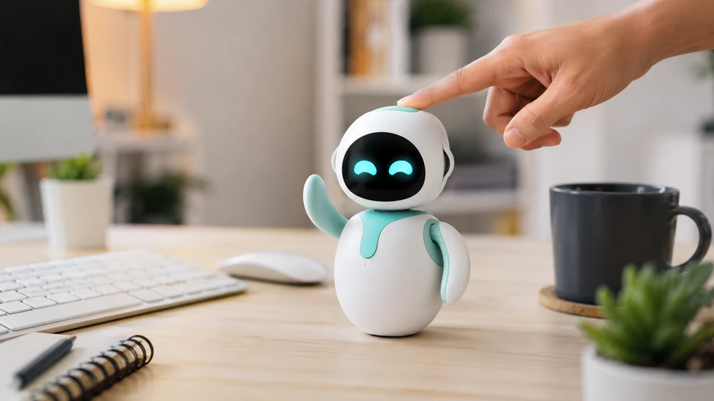 Robot Eilik interactif posé sur un bureau moderne avec une main qui le touche