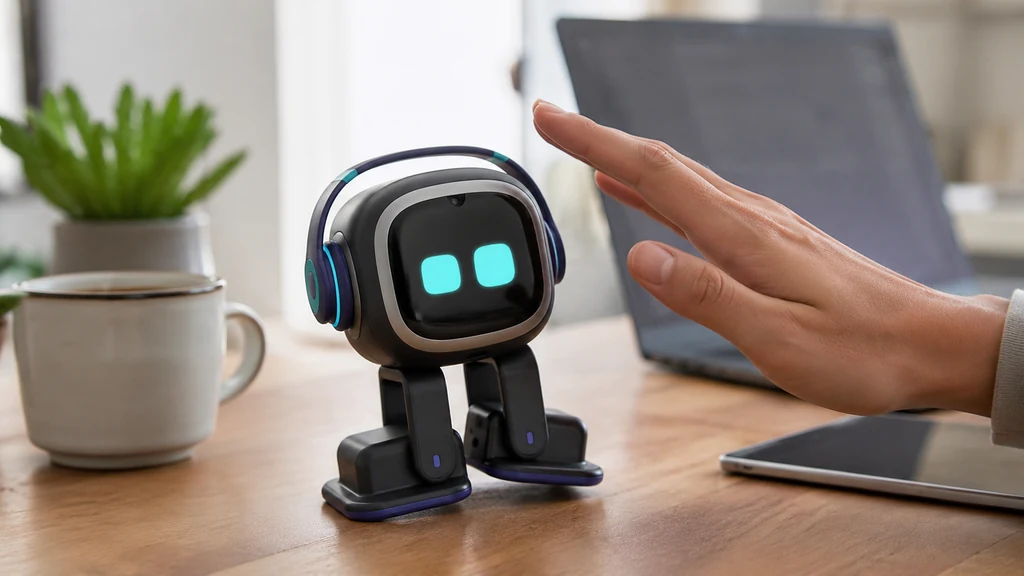 Robot EMO interactif posé sur un bureau moderne avec une main qui interagit avec lui