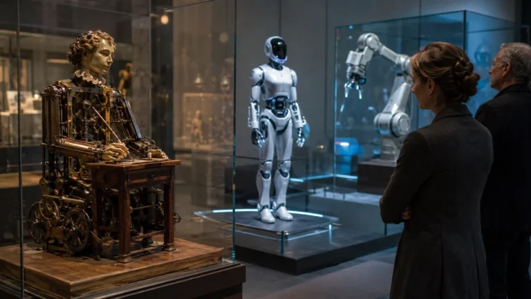 Exposition retraçant l’histoire de la robotique avec automate ancien et robots modernes