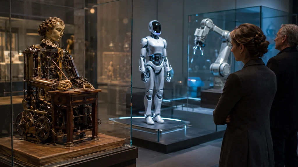 Exposition retraçant l’histoire de la robotique avec automate ancien et robots modernes