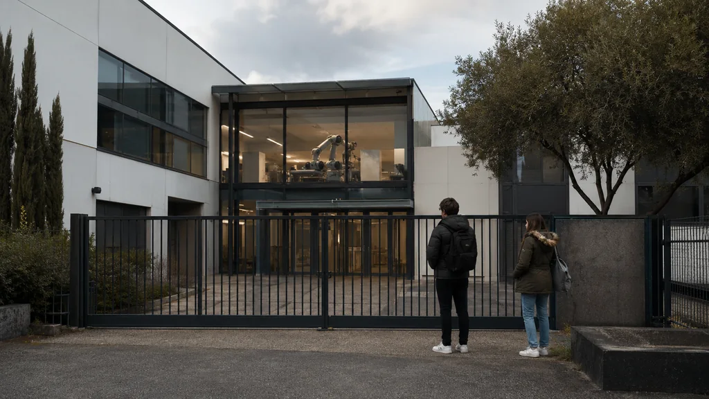 Ancienne école IMERIR à Perpignan avec entrée fermée et étudiants devant un bâtiment technologique