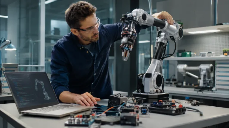 Ingénieur robotique programmant et testant un bras robotisé dans un laboratoire moderne