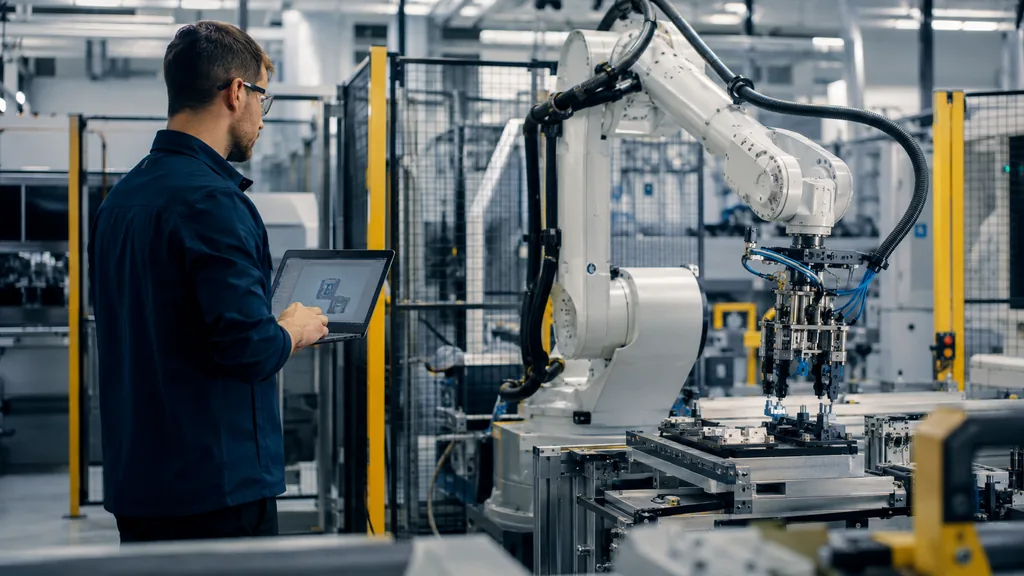 Intégrateur robotique configurant une cellule automatisée avec bras industriel dans une usine moderne.