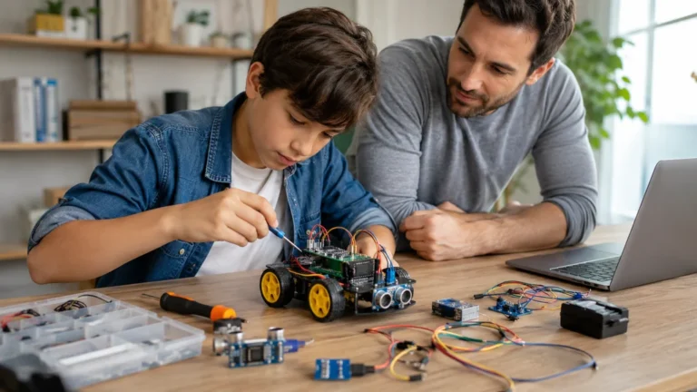 Enfant assemblant un kit robot programmable avec l’aide d’un adulte sur une table