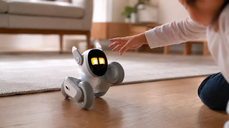 Robot Loona compagnon interactif dans un salon avec un enfant qui joue avec lui