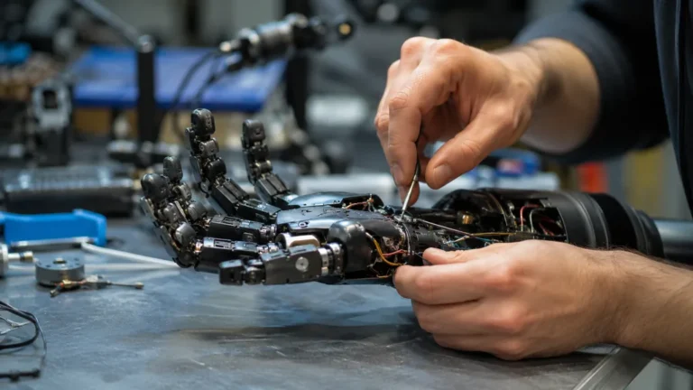 Main robotique articulée en cours de réglage sur un établi de laboratoire