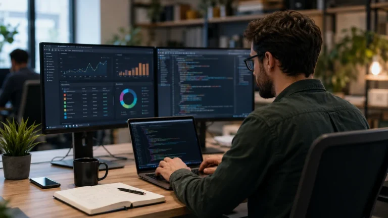 Développeur assurant la maintenance applicative d’un logiciel métier sur plusieurs écrans en environnement professionnel moderne.