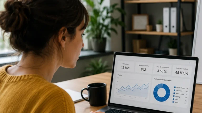 Professionnelle analysant un tableau de bord marketing opérationnel sur ordinateur portable dans un bureau moderne.