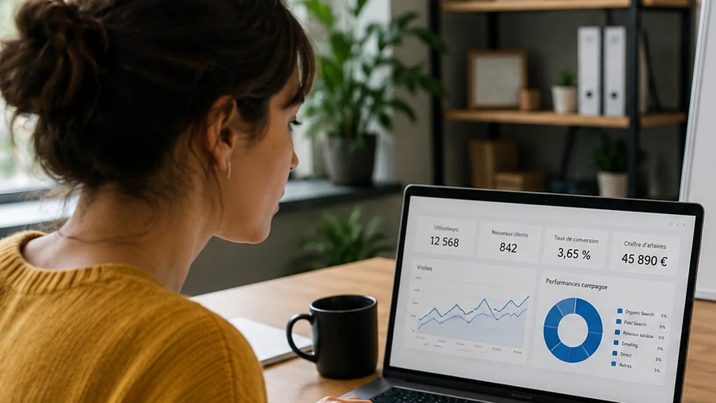 Professionnelle analysant un tableau de bord marketing opérationnel sur ordinateur portable dans un bureau moderne.