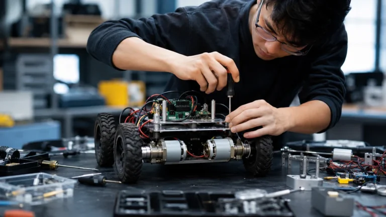 Technicien assemblant les moteurs d’un robot mobile sur un établi de robotique