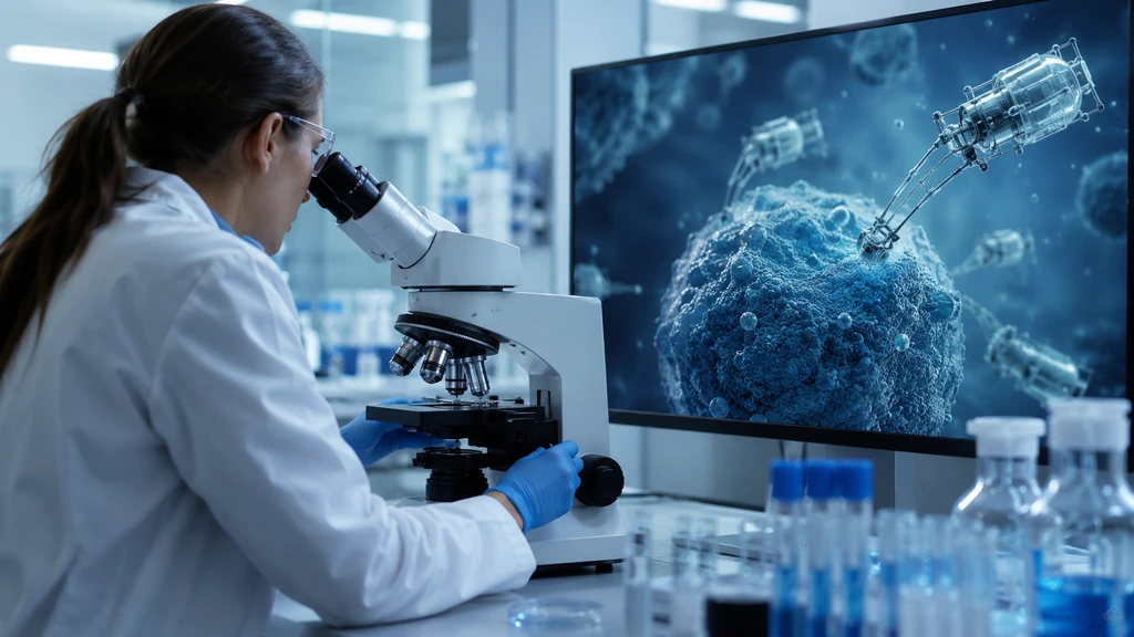 Chercheuse observant au microscope des nanorobots médicaux expérimentaux dans un laboratoire moderne.