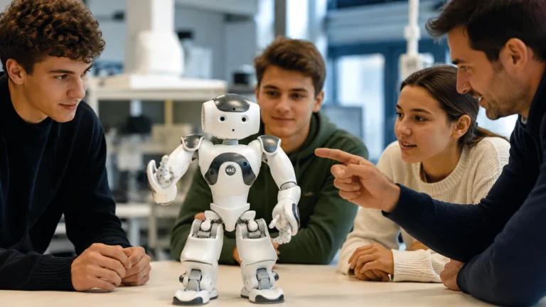 Robot NAO présenté à des étudiants dans un laboratoire de robotique éducative
