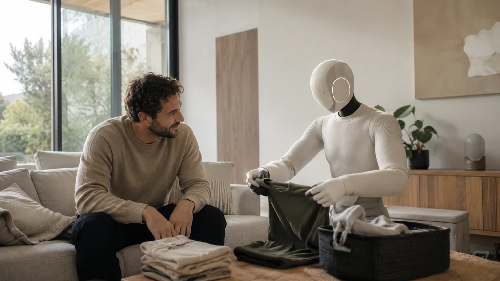 Robot humanoïde domestique pliant du linge dans un salon moderne avec un utilisateur à proximité.