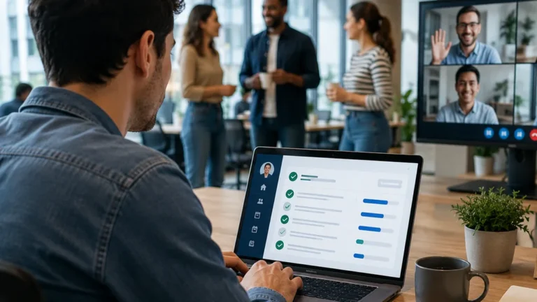 Nouveau collaborateur suivant un parcours d’onboarding digital sur ordinateur portable avec checklist d’intégration et visioconférence d’équipe.