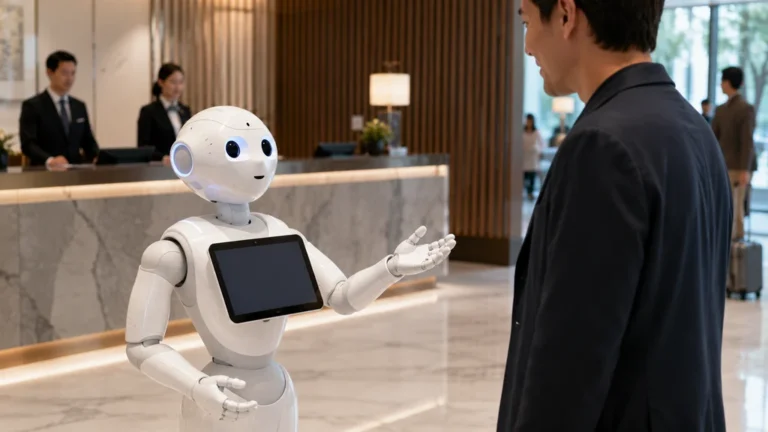 Robot Pepper accueillant un visiteur dans un hall moderne professionnel