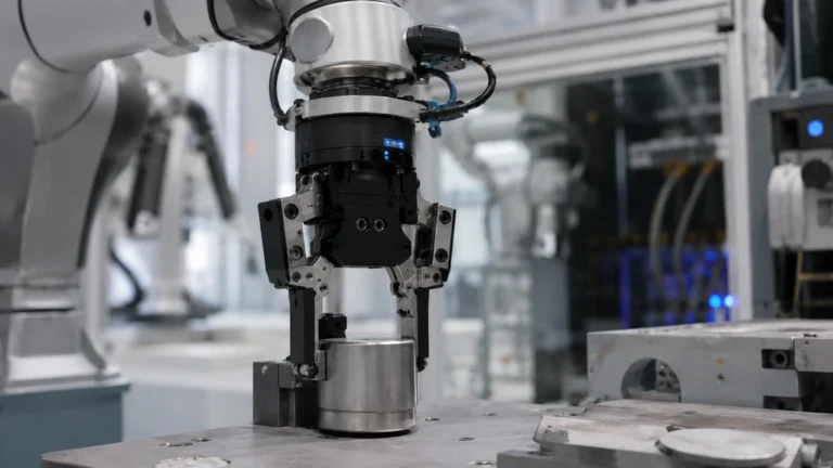 Pince pour robot industriel saisissant une pièce métallique dans une cellule de production automatisée