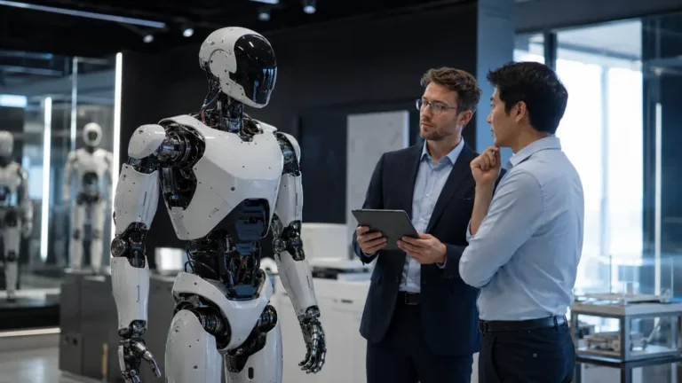 Robot humanoïde en démonstration dans un laboratoire de robotique moderne avec deux professionnels