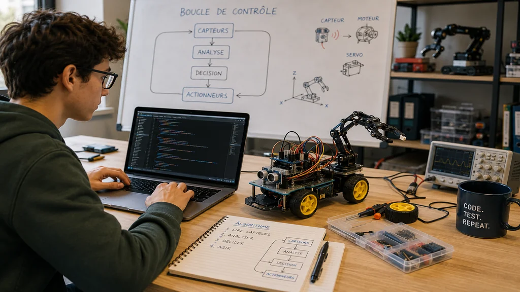 Développeur programmant un robot éducatif avec capteurs et bras articulé dans un atelier technologique moderne.