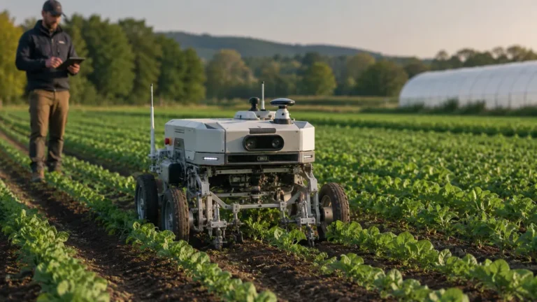 Robot agricole autonome travaillant dans un champ de cultures sous la supervision d’un agriculteur avec tablette.