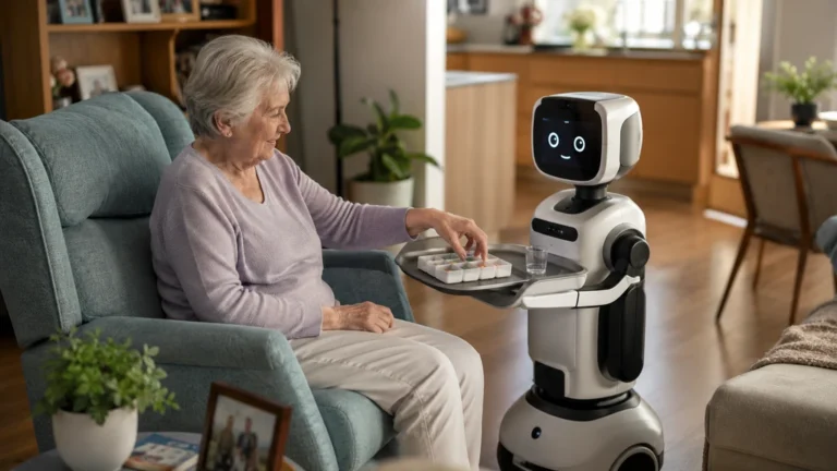 Robot assistant apportant un pilulier à une personne âgée dans un salon moderne