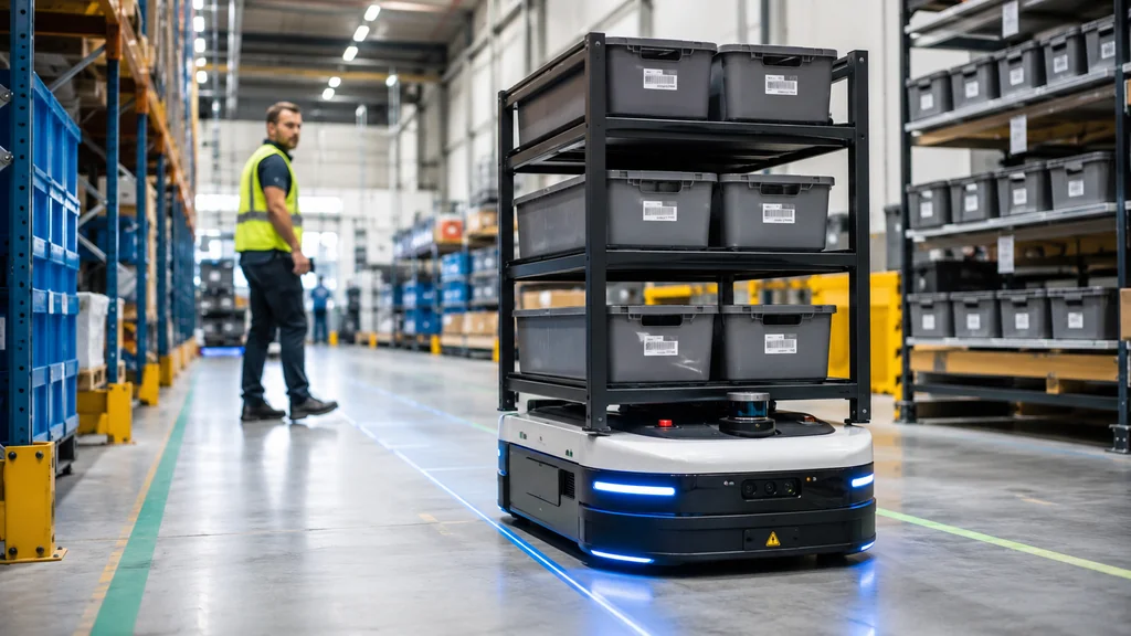 Robot autonome transportant des bacs dans un entrepôt logistique moderne