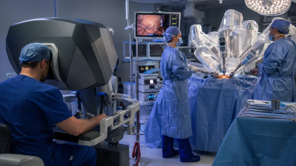 Chirurgien pilotant un robot chirurgical en salle d’opération moderne avec une équipe médicale autour du patient.